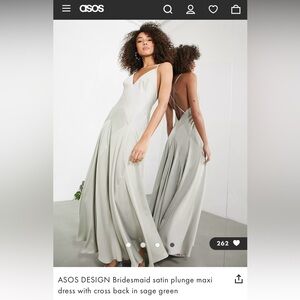 ASOS DESIGN Bridesmaid satin plunge maxi dress with cross back in sage green